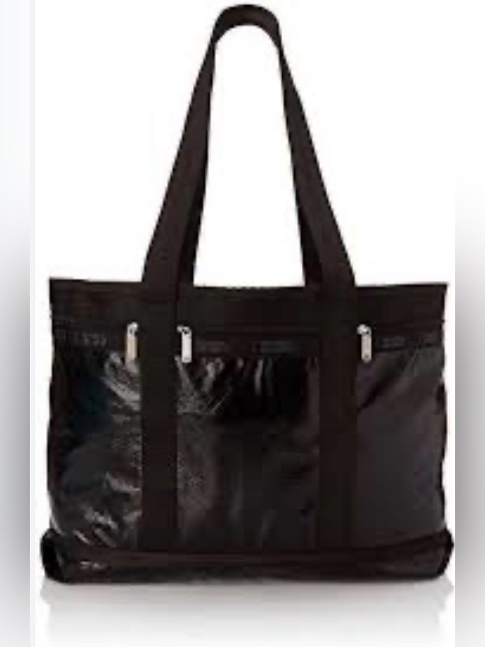 Le Sportsac Classic Black Crinkle Patent Large Tote with Zip Pockets - Very GUC